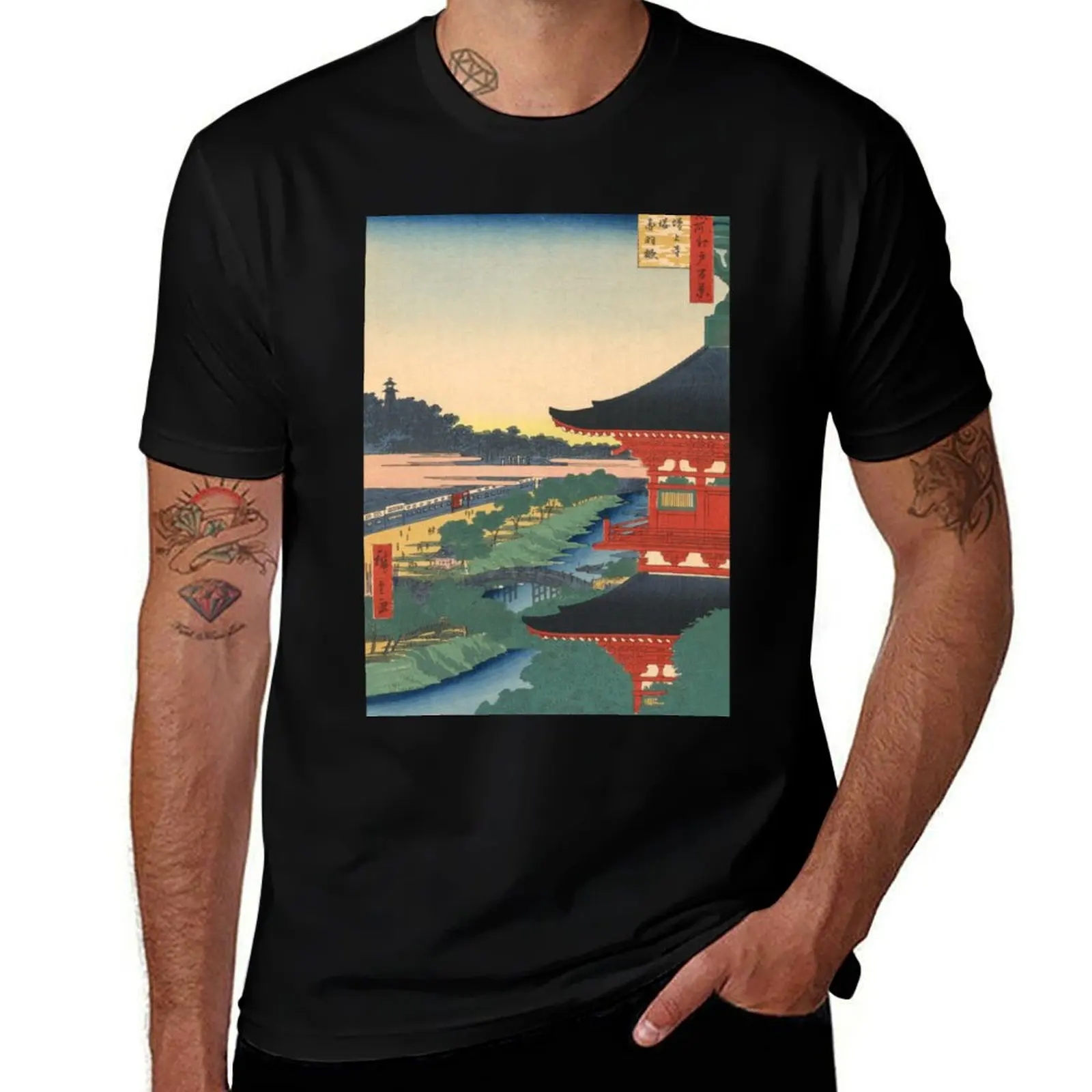 

Red Pagoda over River Vintage Ukiyo-e Woodblock Print T-Shirt man t shirt heavy cotton t shirts for man pack cotton T-Shirt