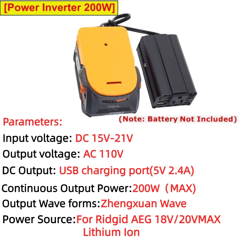 Imagem -03 - Adaptador de Tomada de Inversor de Energia Portátil 200w para Íon de Lítio Ridgid Aeg 18v 20vmax Alimentado por ca 110v com Usb Duplo 5v 2.4a