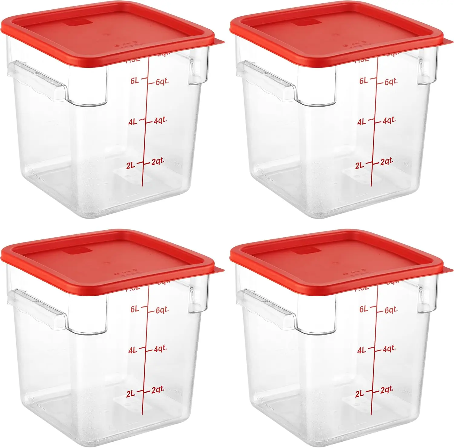 4 Pack Food Storage Container with Red Lid - NSF Listed Commercial Grade in 8.0 Qt - Square, Clear, Polycarbonate