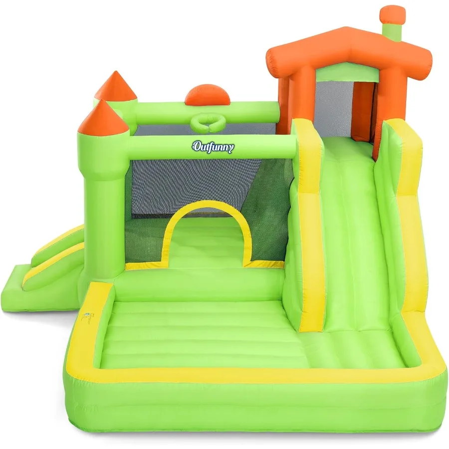

Inflatable Bounce House Bouncy House for Boys 3-12 with Slide Outdoor Indoor Use 450W High-Efficiency Blower Durable Green Desi