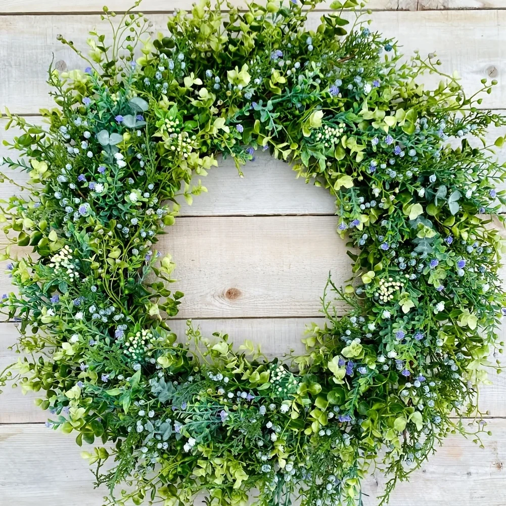 Artificial Green Leaf Blue Ribbon Decorative Ring Wreath For Easter Spring Summer Home Garden Decoration
