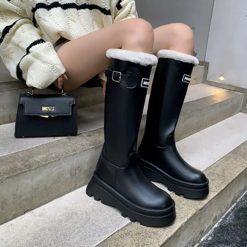 MORAZORA 2024 New Genuine Leather Boots Women Slip On Platform Knee High Boots Wool Retro Warm Winter Snow Boots Ladies Shoes