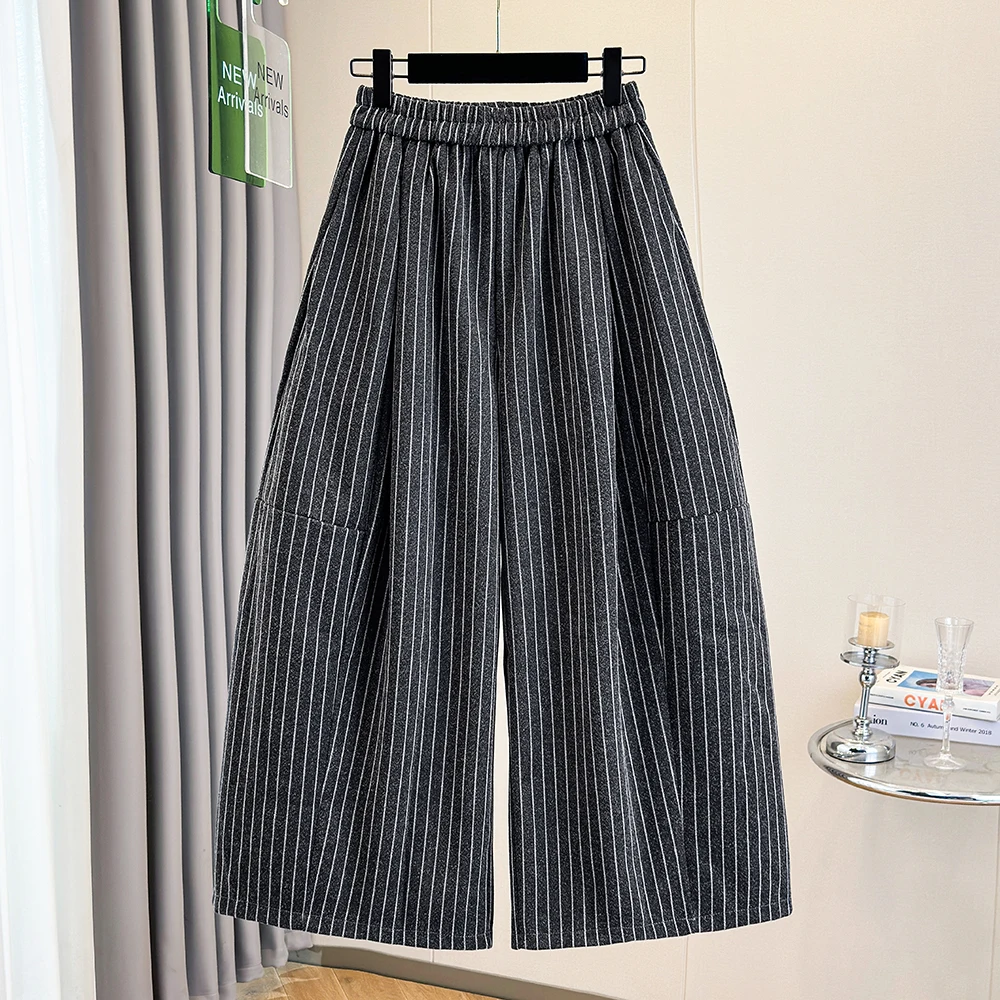 Autumn Winter Stripe Wide Leg Pants Nine Points High Waist Elastic Waist plus Size Women's Trousers Casual Black Grey