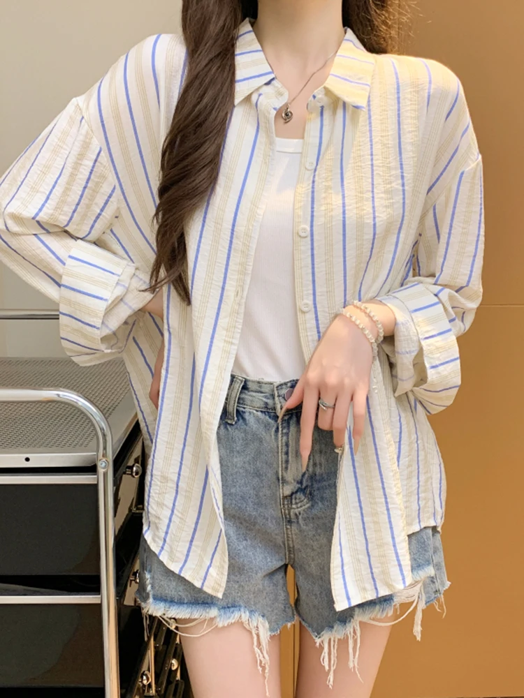 Faionable rayé Long Sve femmes irt été 2025 mince ample respirant ouvert Cardigan haut décontracté Sle bouton conception