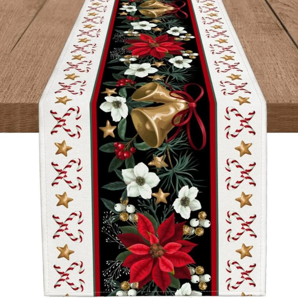 Poinsettia Flower Pattern Christmas Table Runner Long Length Rectangular Shape Holiday Linen Runner Linen Material