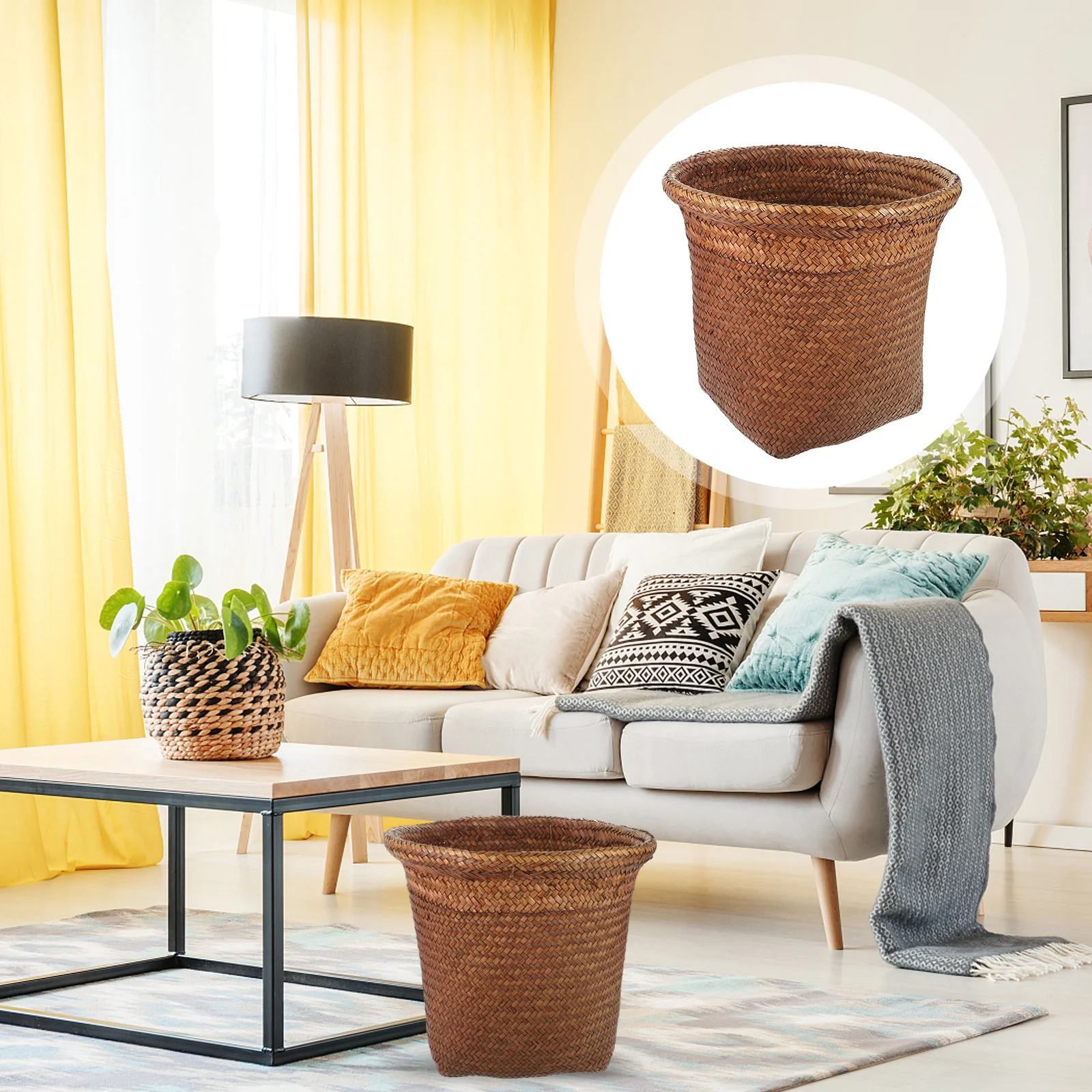 

1Pcs Straw Woven Wastebasket Multipurpose Office Trash Bin Waste Paper Basket Storage Container Straw Woven Wastebasket