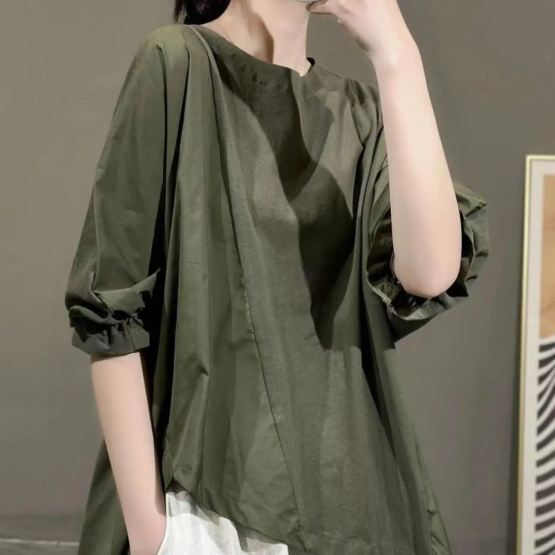 

Уникальные нерегулярные однотонные полурубашки с рукавами для женщин, летние повседневные темпераментные свободные универсальные топы, модная женская одежда