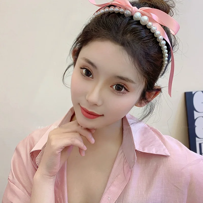 Meisje zoals Franse roze striklint parelhoofdband, hoogwaardige en zoete temperament haarcliphoofdband