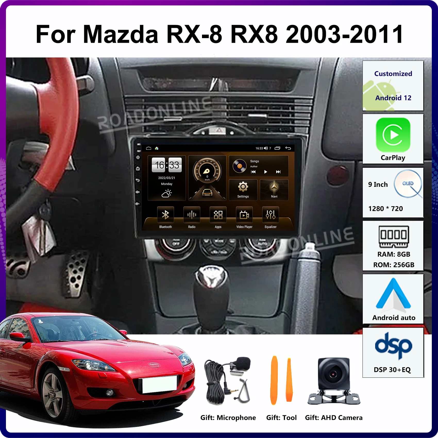

9" Android 14 For Mazda RX-8 RX8 RX 8 2003-2011 Car Multimedia Player Stereo Radio Receiver 8-Core 8+256GB CarPlay Touch Screen