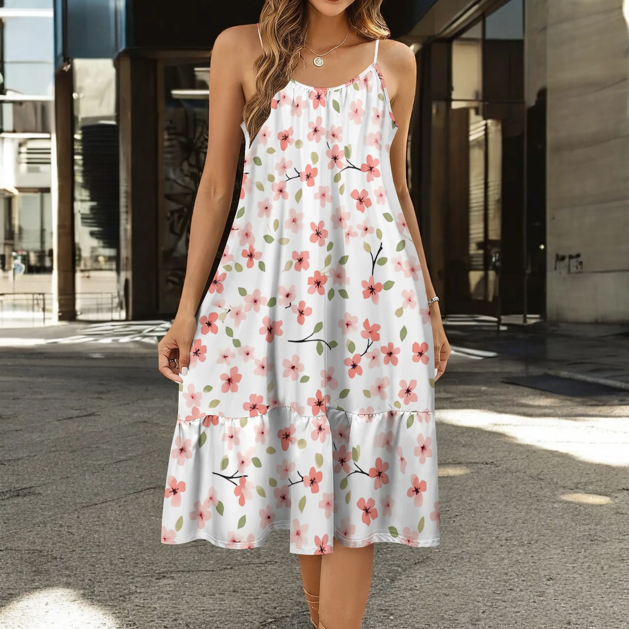 

Women's Summer Petite Pink Flower Patterns Midi Dress Casual U Neck Sleeveless Bohemian Spaghetti Strap Floral Long Dresses
