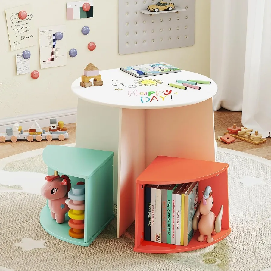 

Table and 4 Chairs Set with Storage Round Wooden Activity Table with Graffiti Art Desktop for Toddler s Play Furniture for Play