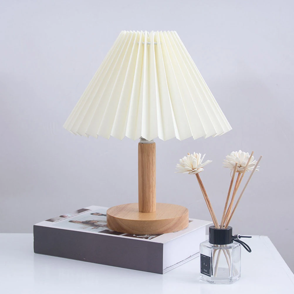 

Solid Wood Desk Lamp Bedroom Decor Mini Table Light Pleated Skirt Shade Warm Multi Color Choice