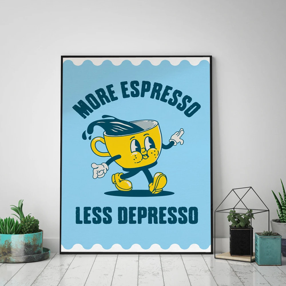 Retro Coffee Fruit Sunshine Canvas Painting Prints Fun Kitchen Posters More Espresso Less Depresso Quotes Canvas Wall Art Decor