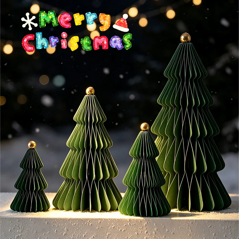 4 Stück 3D-Wabenpapier-Weihnachtsbaum-Dekorationen, faltbare Weihnachtsbaum-Ornamente, DIY-Tischdekoration, Heim- und Feiertagsparty-Dekoration – Detail 2