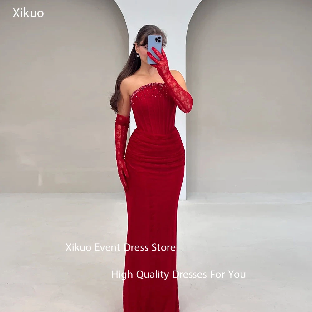 

Xikuo Red Lace Evening Dresses Formal Strapless Beading Saudi Arabric Party Gowns Appliques Luxurious Robe De Soirée Customized