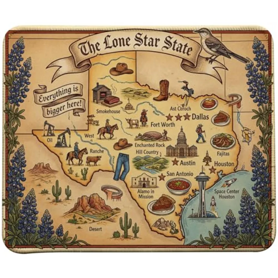 Texas Map Mouse Pad 9.45 x 7.87 Inch, 3mm Thick Stitched Edge, Lone Star State Illustrated Desk Mat - Dallas, Austin, Houston,