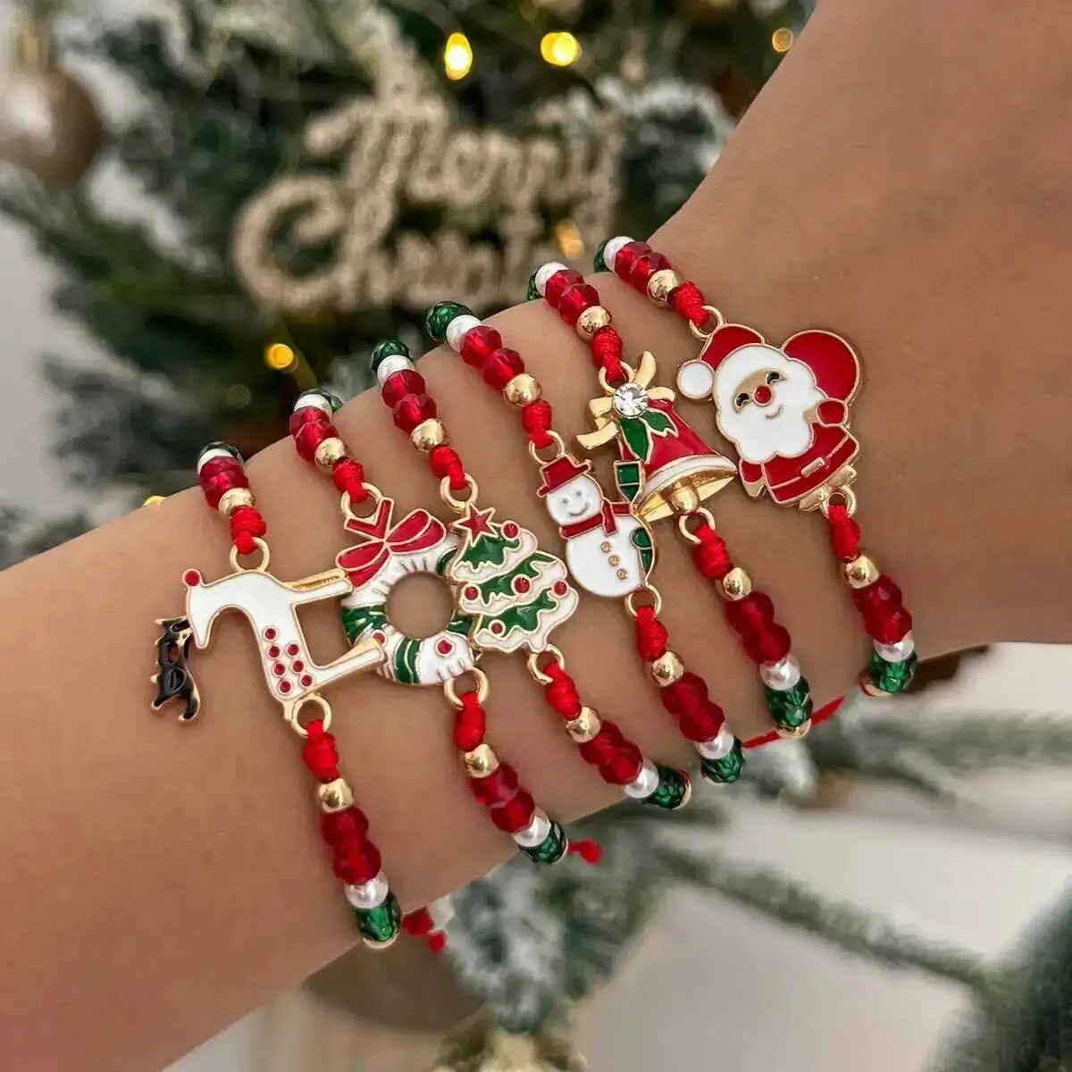 

KunJoe 6Pcs/Set Santa Claus Snowflake Christmas Tree Pendant Bracelet for Women Adjustable Rope Chain Crystal Beaded Bracelet
