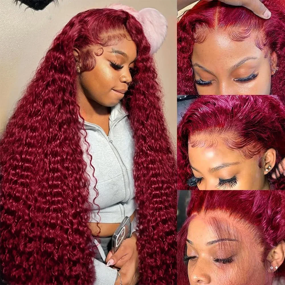 

Парик из натуральных волос Deep Wave Burgundy 13x6 HD Lace Frontal, кудрявый парик из натуральных волос 99j, 30 дюймов, парик 13x4 Lace Water Wave для женщин