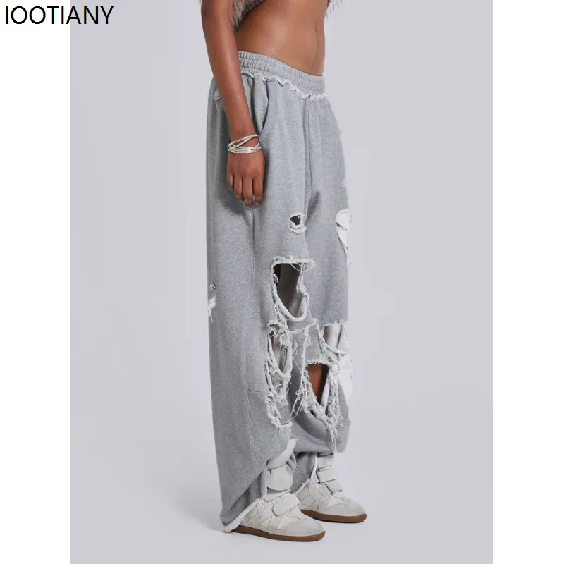 Y2k Grey Ripped Women's Jogging Wide Leg Pants American Retro Hip-hop Drape Thin Sports Pants Solid Color Loose Casual Summer