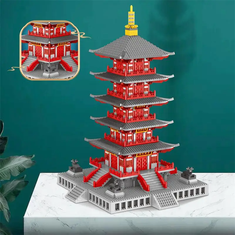 Lezi mini blocos castelo chinês hanshan templo arquitetura construção tijolos montagem brinquedo crianças presente adultos presente ano novo 8215