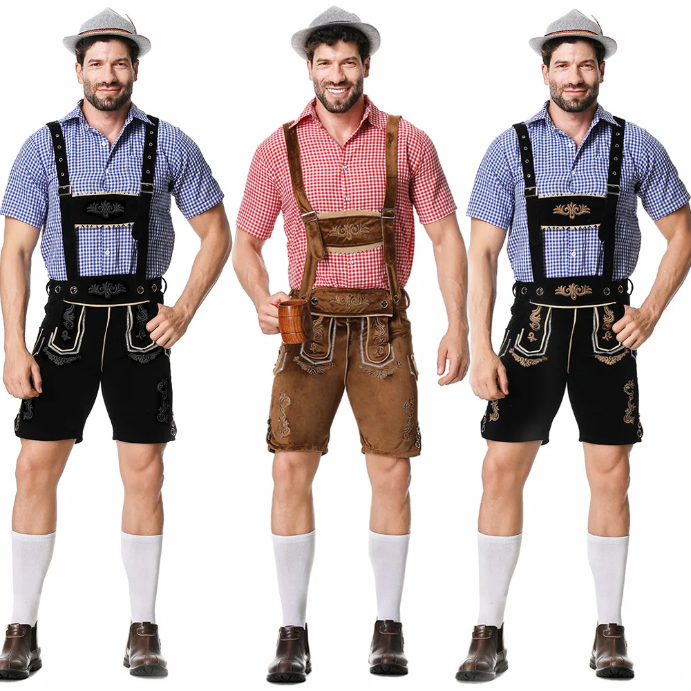 

Mens Oktoberfest Bavarian Beer Costume German Bavarian Shorts Outfit Overalls Shirt Hat Suspenders Short Set Halloween Costume