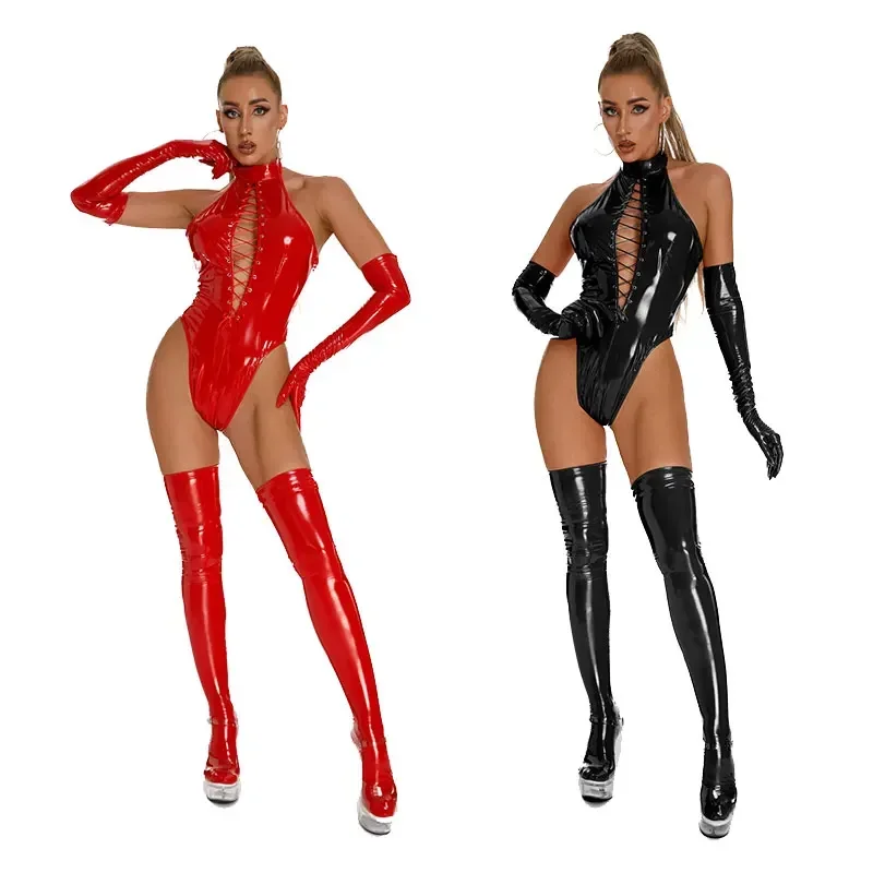 

Sexy Fashion Lingerie Zipper Open Crotch Leather Bodysuit Erotic Crotchless Catsuit Ladies Shiny Latex Bondage Leotard Bodysuit