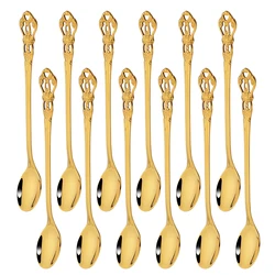 Drmfiy Royal 6/12pcs Gold Spoon Dinnerware Set Stainless Steel Cutlery Long Ice Spoon Kitchen Western Dessert Tableware Set Gift