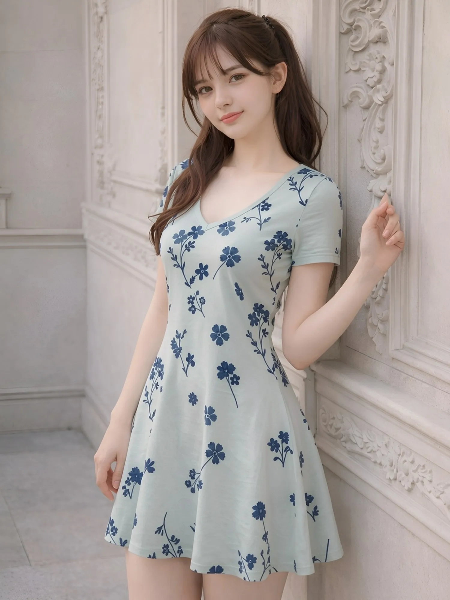 Robe Courte Florale Décontractée à Col en V et Manches Courtes pour Femme – Idéale pour les Voyages, Élégante, Confortable et Tendance – Charme et Style pour le Café