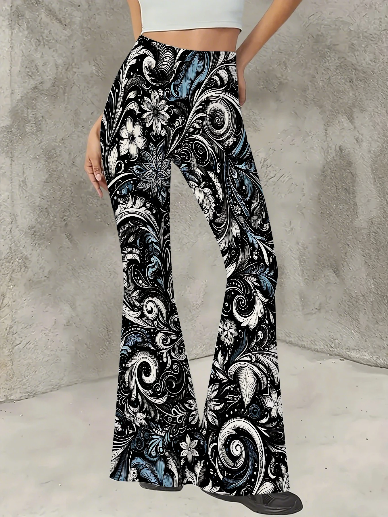 

Women's Boho Printed Flare Pants Vintage Knit High Waist Wide Leg Trousers