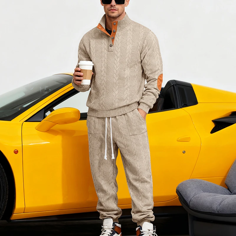 

Мужской комплект из двух предметов: жаккардовый трикотажный свитшот с пуговицами Хенли и длинными рукавами, а также повседневные спортивные брюки, повседневный осенне-зимний костюм.