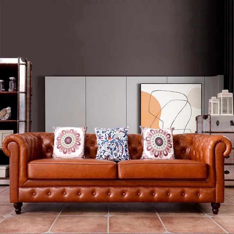 Rural leather sofa first layer cowhide small apartment light luxury living room pull button double three or four-person leather