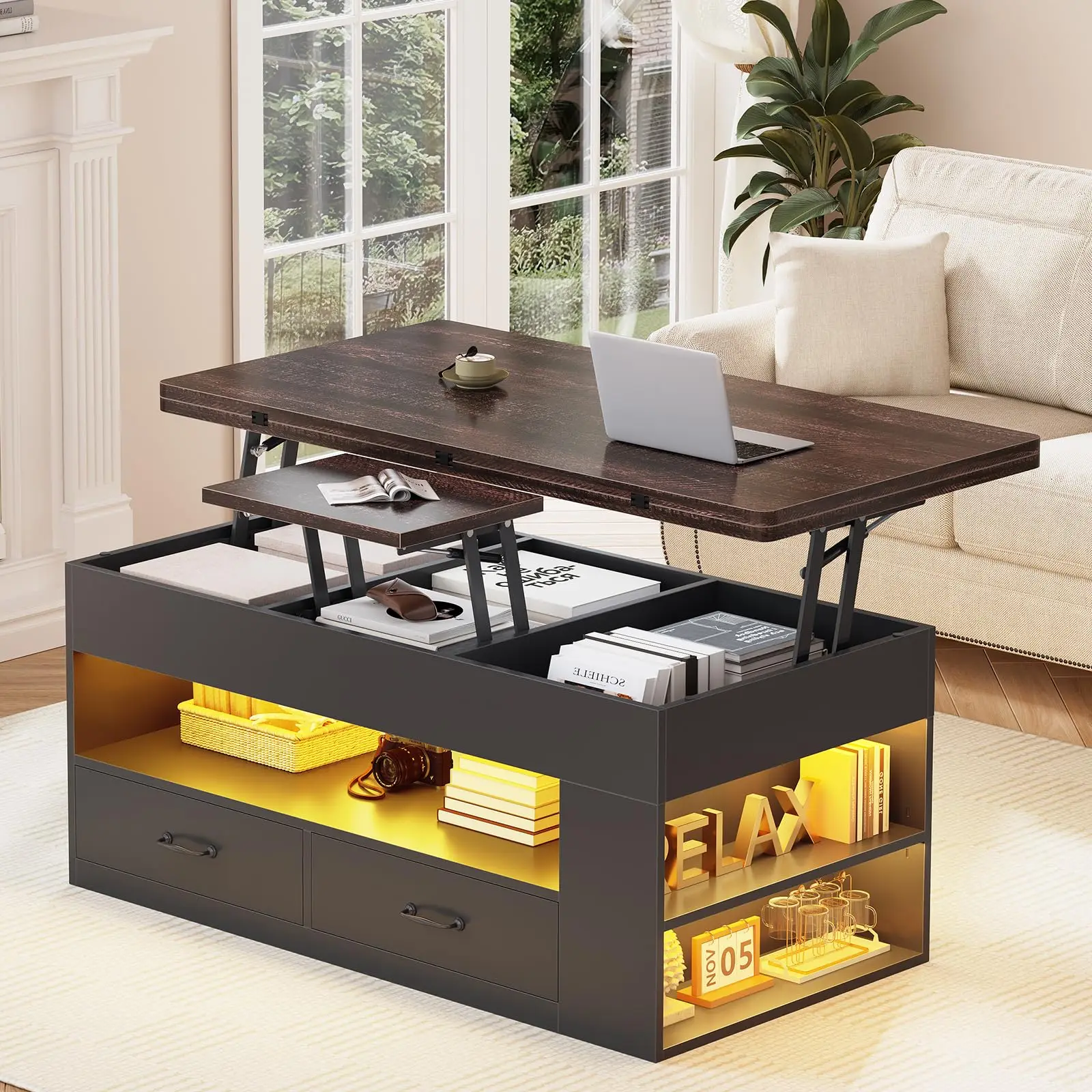 Lift Top Coffee Table, 4 in 1 Coffee Tables with Storage and Hidden Compartment, Farmhouse Coffee Table with 2 Fabric