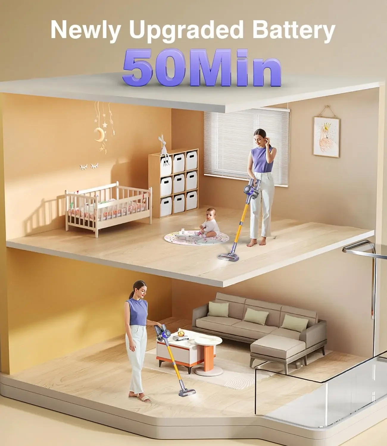 Aspirador de pó, aspirador de pó poderoso de 450 W 40 Kpa, bateria recarregável de até 50 minutos, aspiradores de pó para casa anti-emaranha