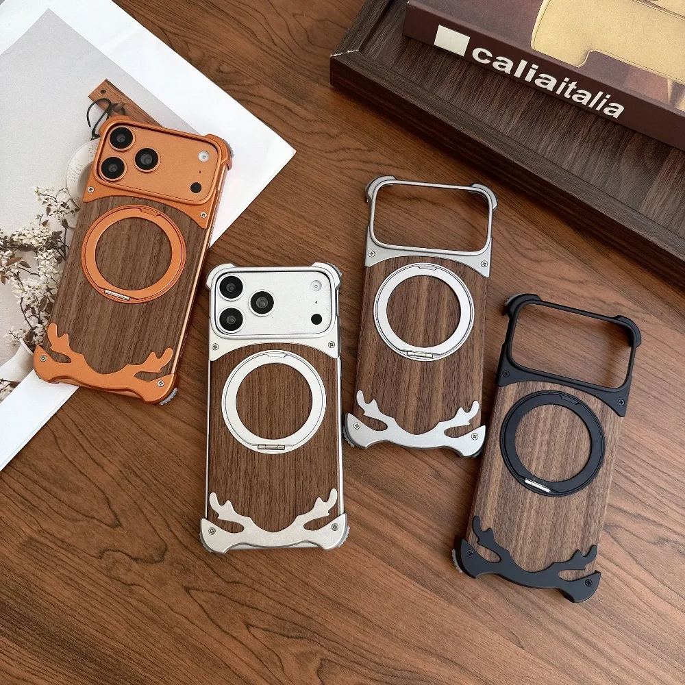 

Detachable Frameless Aluminum Alloy Phone Case for iPhone 14 15 16 17 Pro Max with Metal 360 ° Rotating Stand