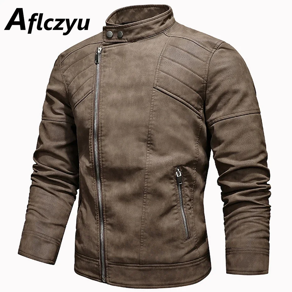 

PU Jacket Men Spring Autumn Faux Leather Jacket Coat Male Fashion Diagonal Zipper Solid Color Outwear Outerwear PU Coat