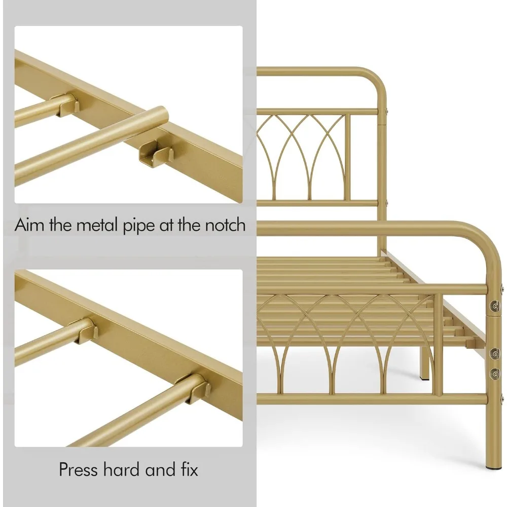 Queen Frame Metal Platform Bed with Petal Accented Headboard/Footboard/14.4 Inch Under Bed Storage/No Box Spring Needed Gold