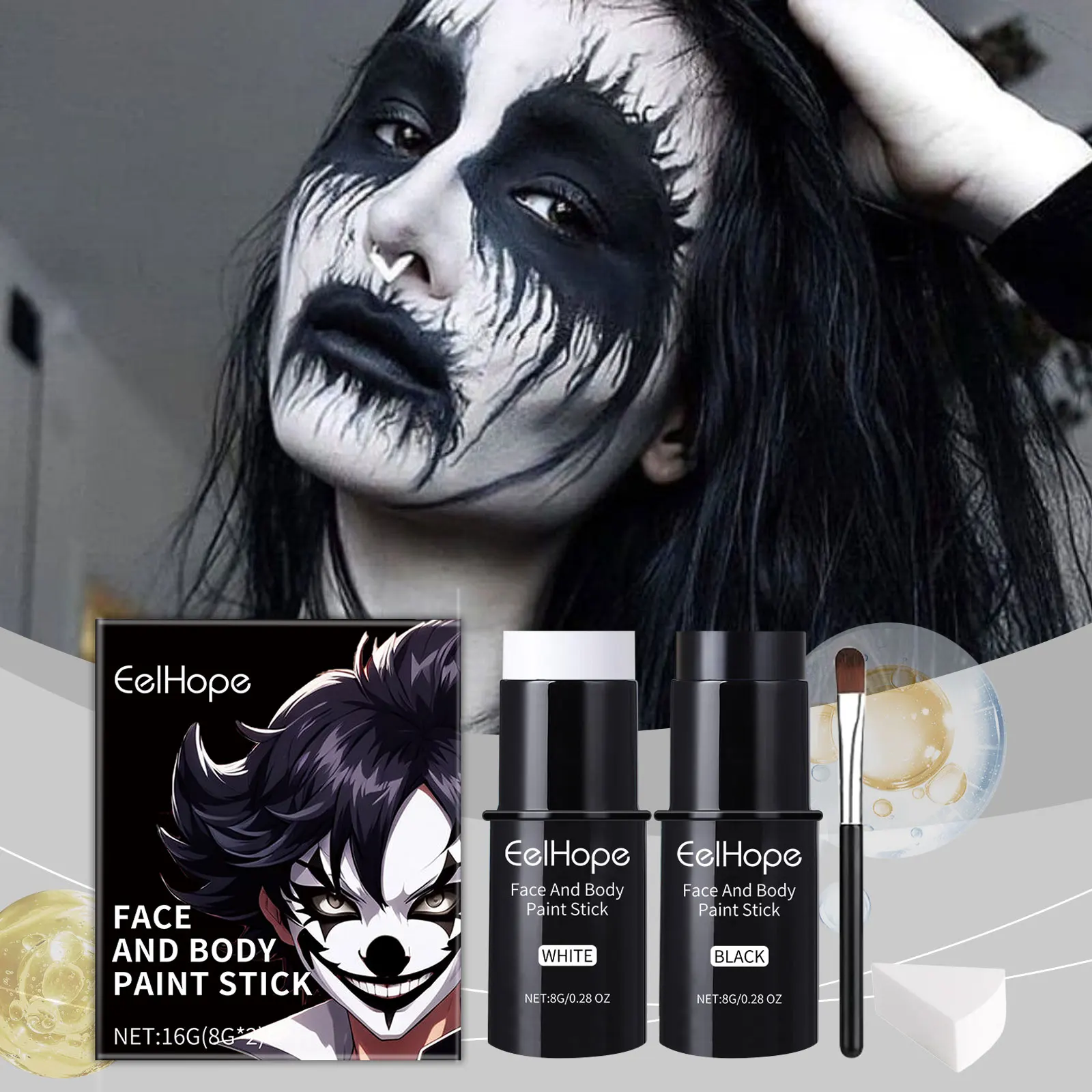 Halloween preto branco rosto corpo pintura kit cobertura completa leve fundação palhaço coringa maquiagem festiva acessórios conjunto