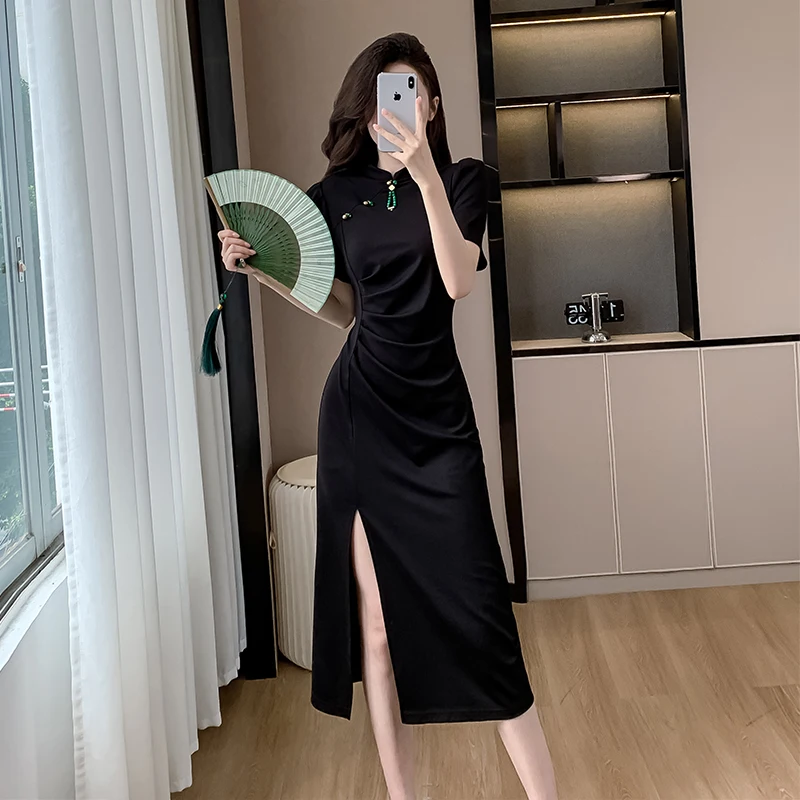 Chinese Style High-end Cheongsam Good Quality Slim Black Long Hip Wrapped Dress Modern Improved Qipao