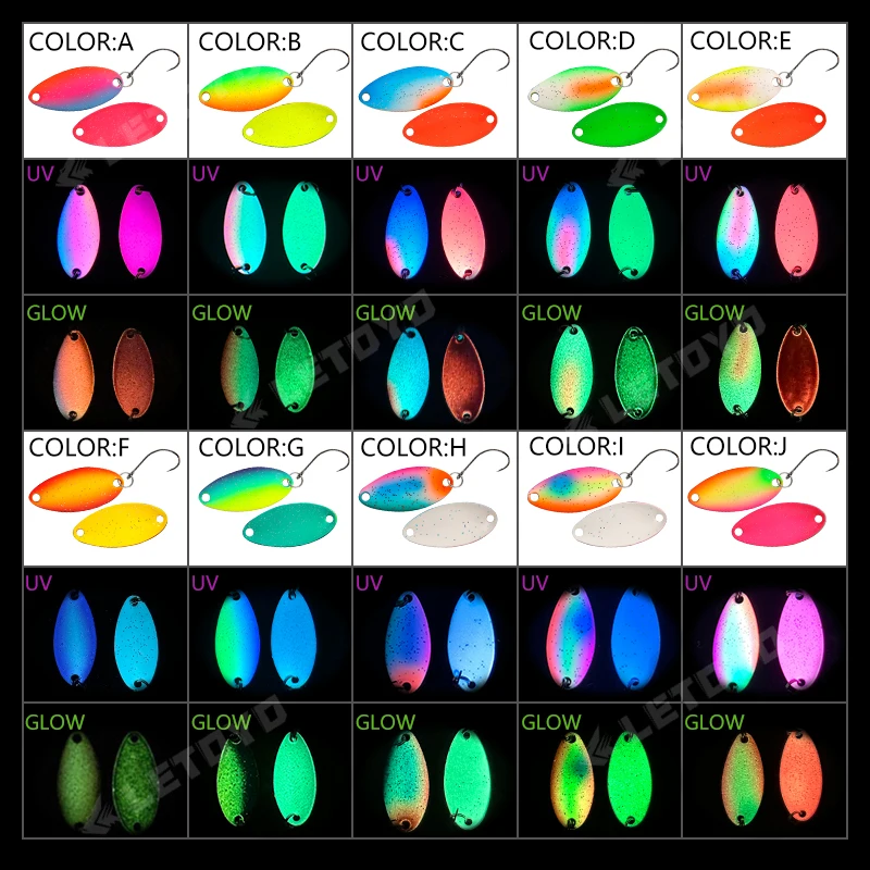 LETOYO 다채로운 UV 발광 더블 페인트 스피너 미끼, 겨울 송어 낚시 미끼, 스푼 낚시 미끼, 3.5g, 2.5g