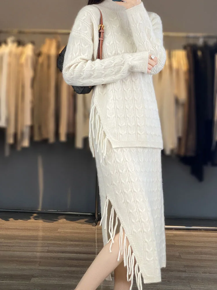 شرابة شق محبوك مجموعة فرقة أزياء أنيقة المرأة عارضة قطعتين مجموعة الكورية تنورة ضئيلة سترة سميكة Conjuntos #5