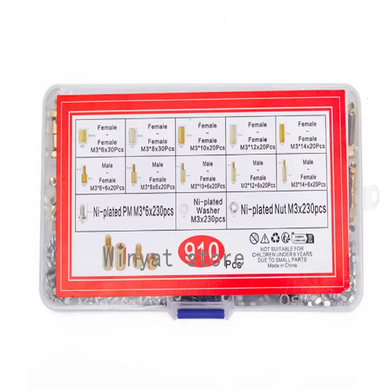 910 PCS Screw Rod Combination Sample Box M3*6 8 10 12 14 Copper Column Hexagon Screw Boxed