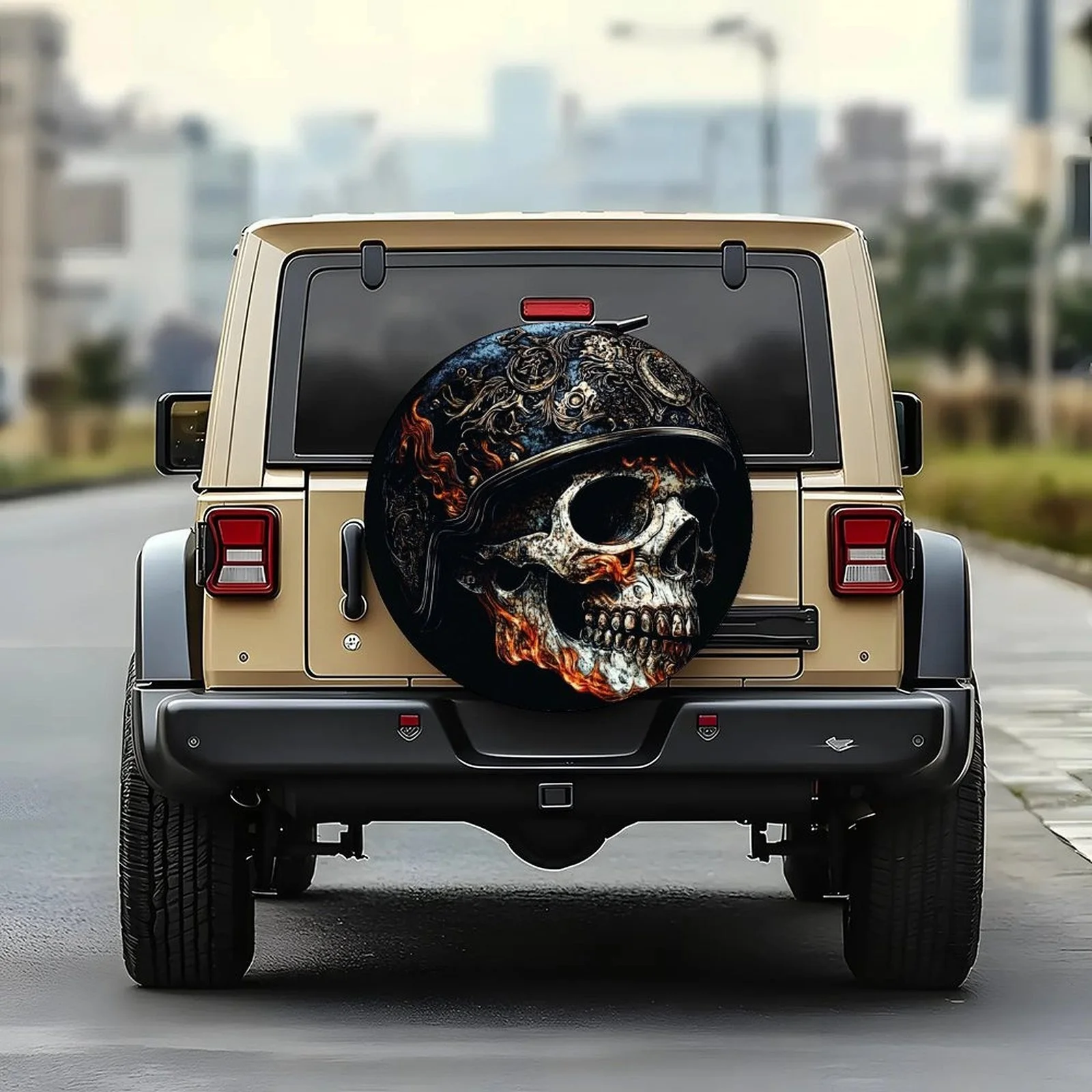 Single Flaming Skull Helmet Design Tire Cover, Stylish Universal Wheel Protector, Fits Most Vehicle Wheels