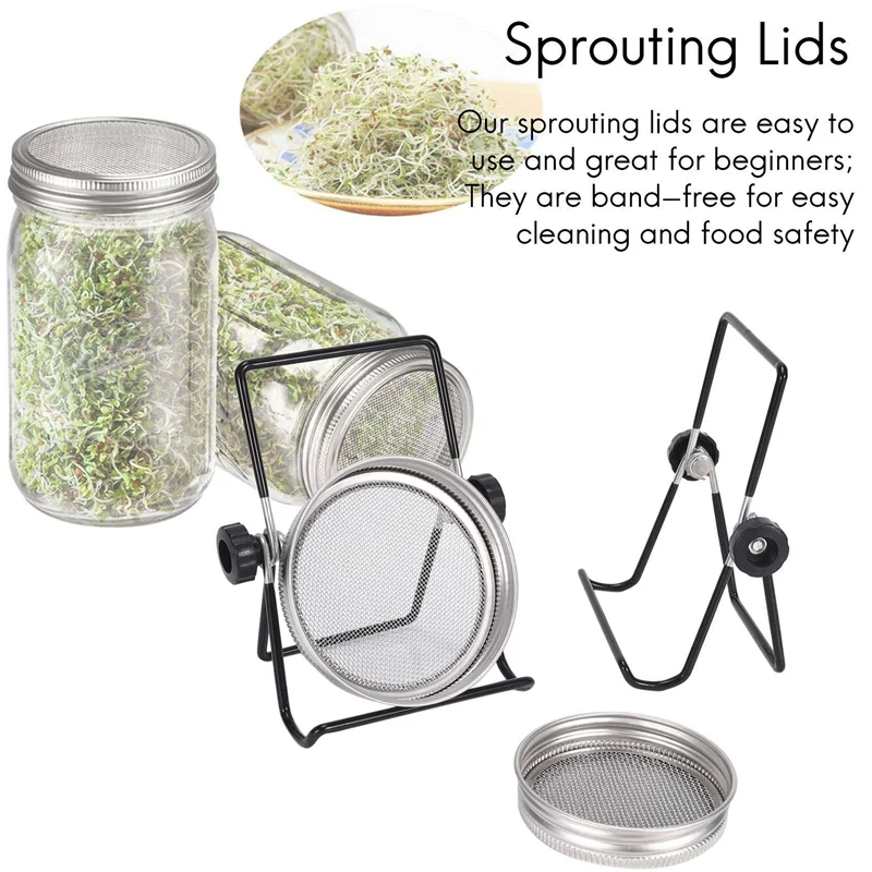 ABRB-Sprouting Jar Mesh Lids Kit - 4 Pcs Sprouting Lids Stainless Steel Screen 2 Sprouting Stands Pack Foldable Adjustable