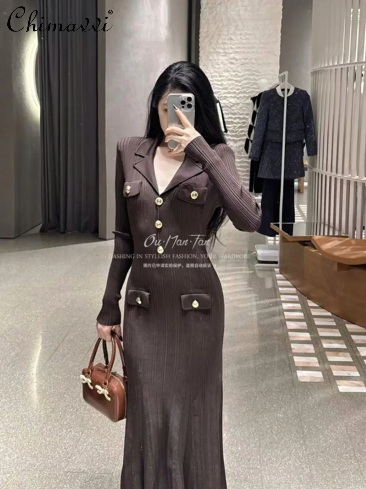 High-end Fashion Hip-wrapped Knitted Dress Spring New Golden Buckle Suit Collar Slim Luxury Elegant Long Fish Tail Dress Women