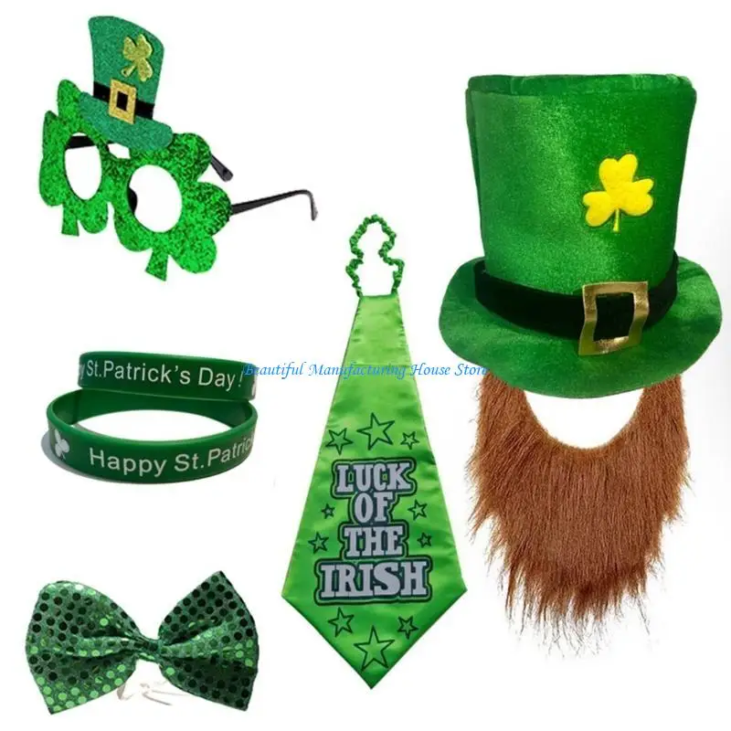 

E56A Green Tall Hat Bowtie Costume Set for Carnivals Party StPatrick Dressingup Props