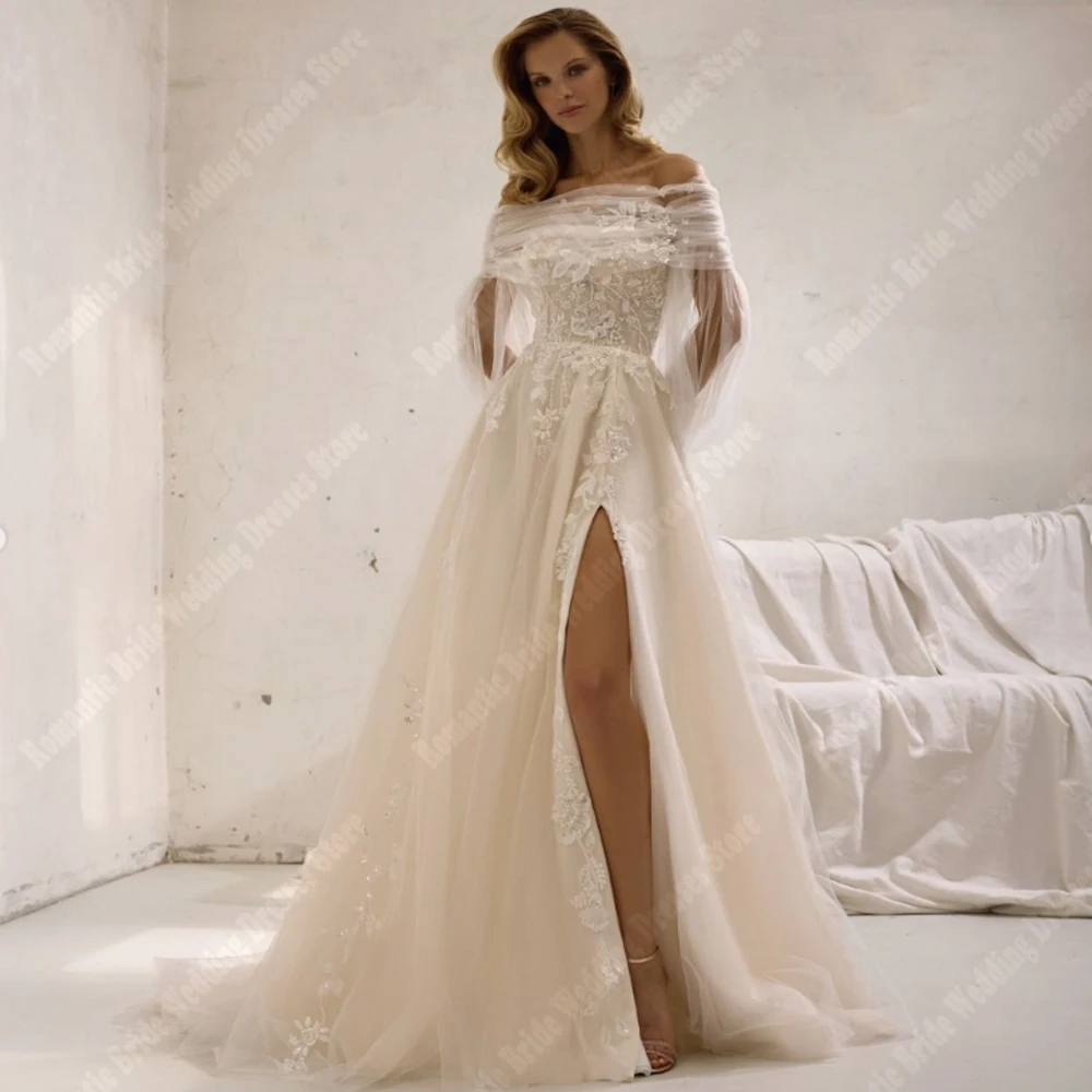 

Off The Shoulder A-Line Women Wedding Dresses Customized Elegant Lace Print Bridal Gowns Mopping Length Engagement Banquet Robes