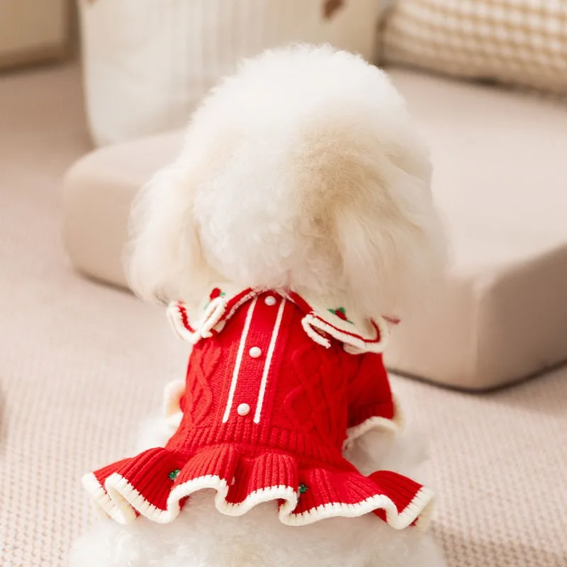 

Winter Pet Skirt Bichon Warm Sweater Pullover Princess Style Dog Clothes Knitted Embroidered Flowers Teddy Dress
