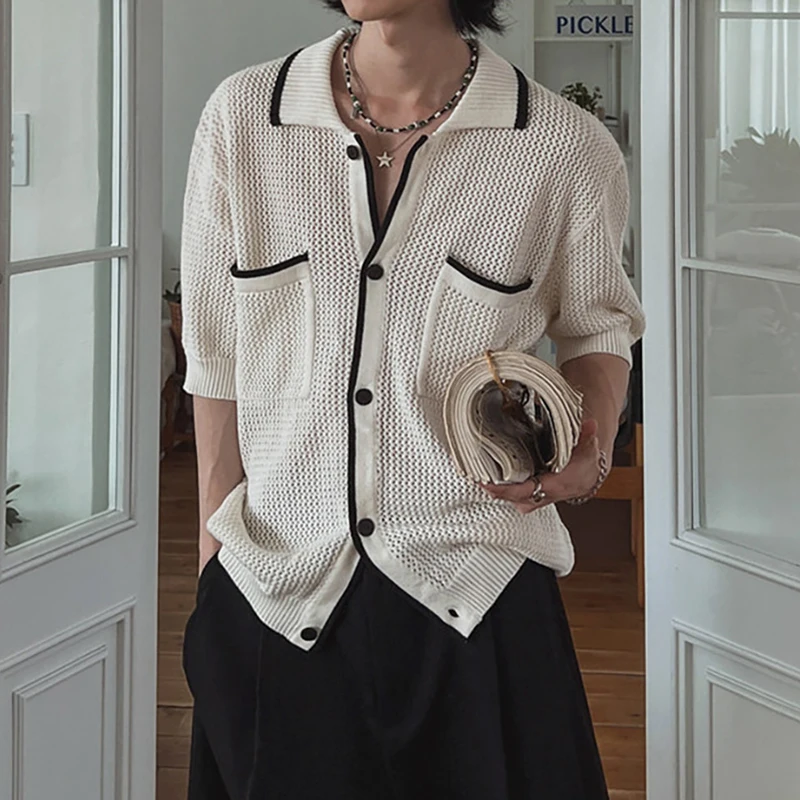 Men's Hollow Out Short-Sleeved Shirt Vintage Turn-Down Collar Contrast Color Front Pocket Design Thin Knitted Sweater Cardigan