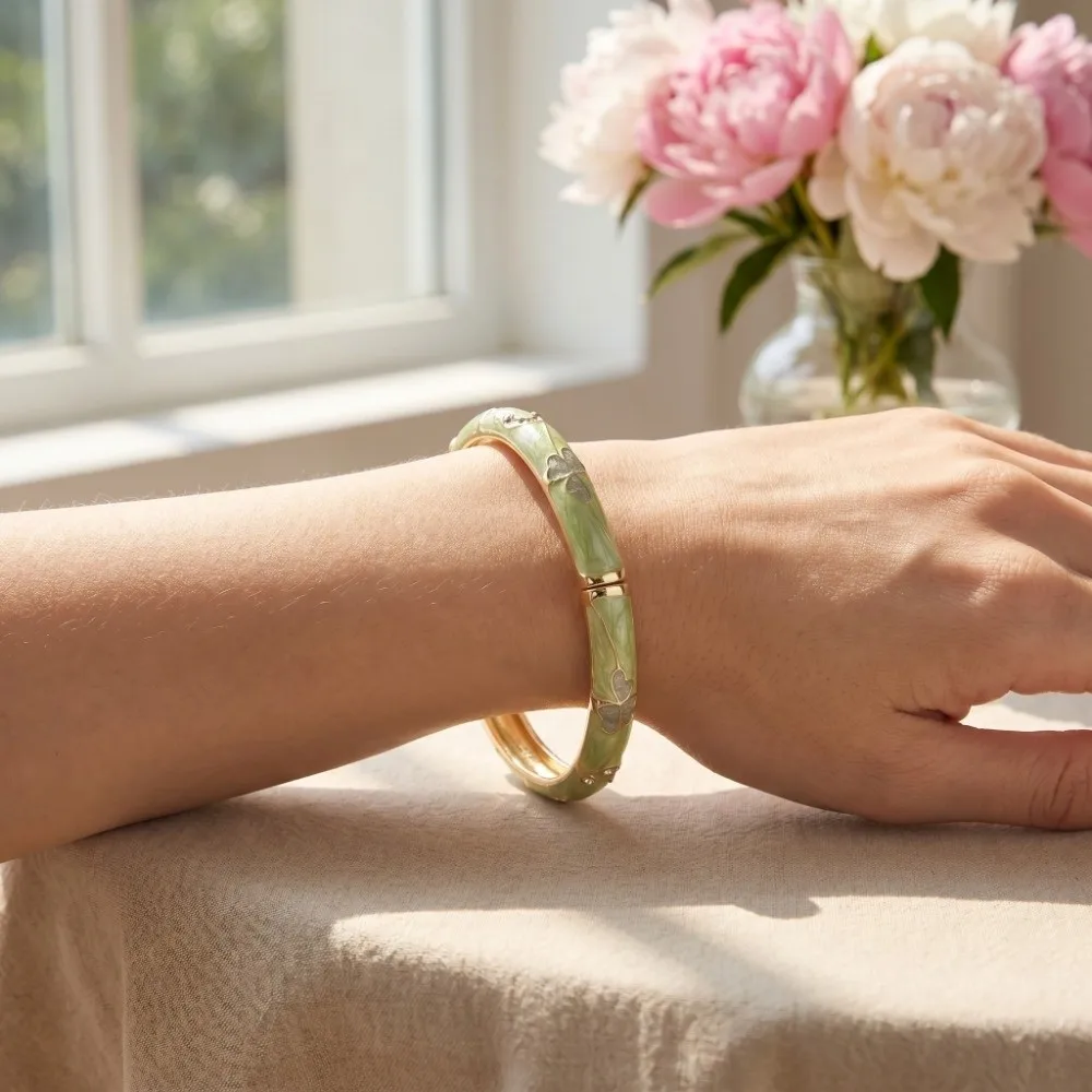 Good Luck Clover Vintage Cloisonne Bangle Enamel Floral Chinese Flower Crystal Bangle Traditional Ethnic Women's Hand Bracelet