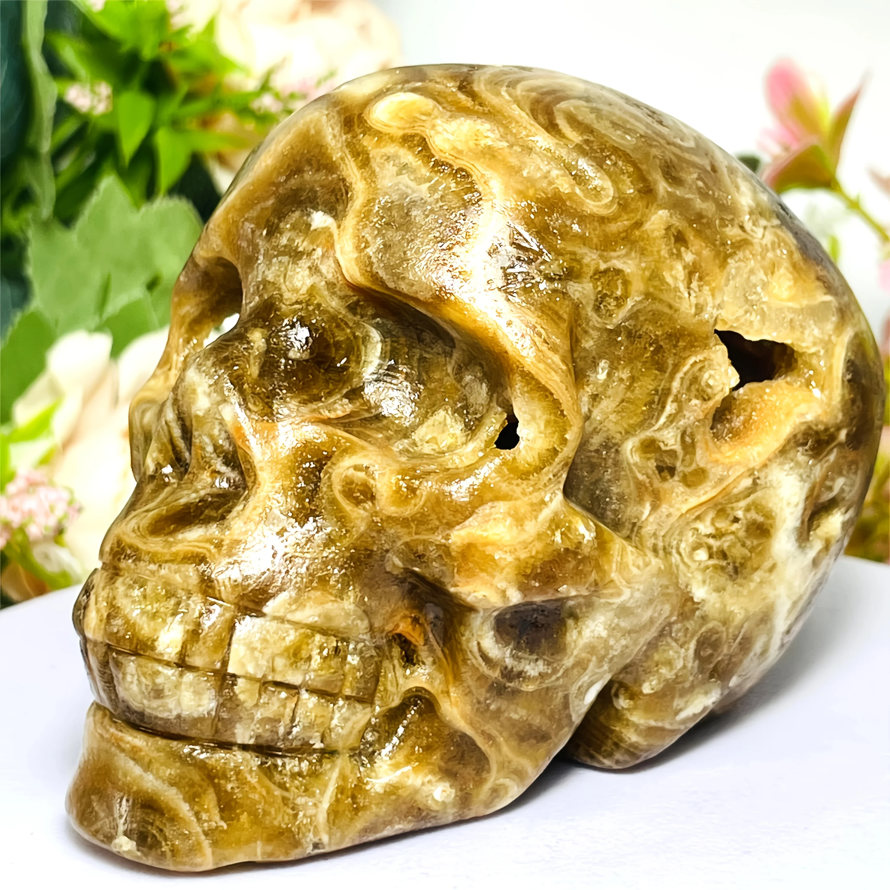 1 pieza de tallado de calavera de calcita de chocolate, ideal para decoración del hogar y regalo único de vacaciones, coleccionistas de cristal, accesorio de escritorio, regalo Flash